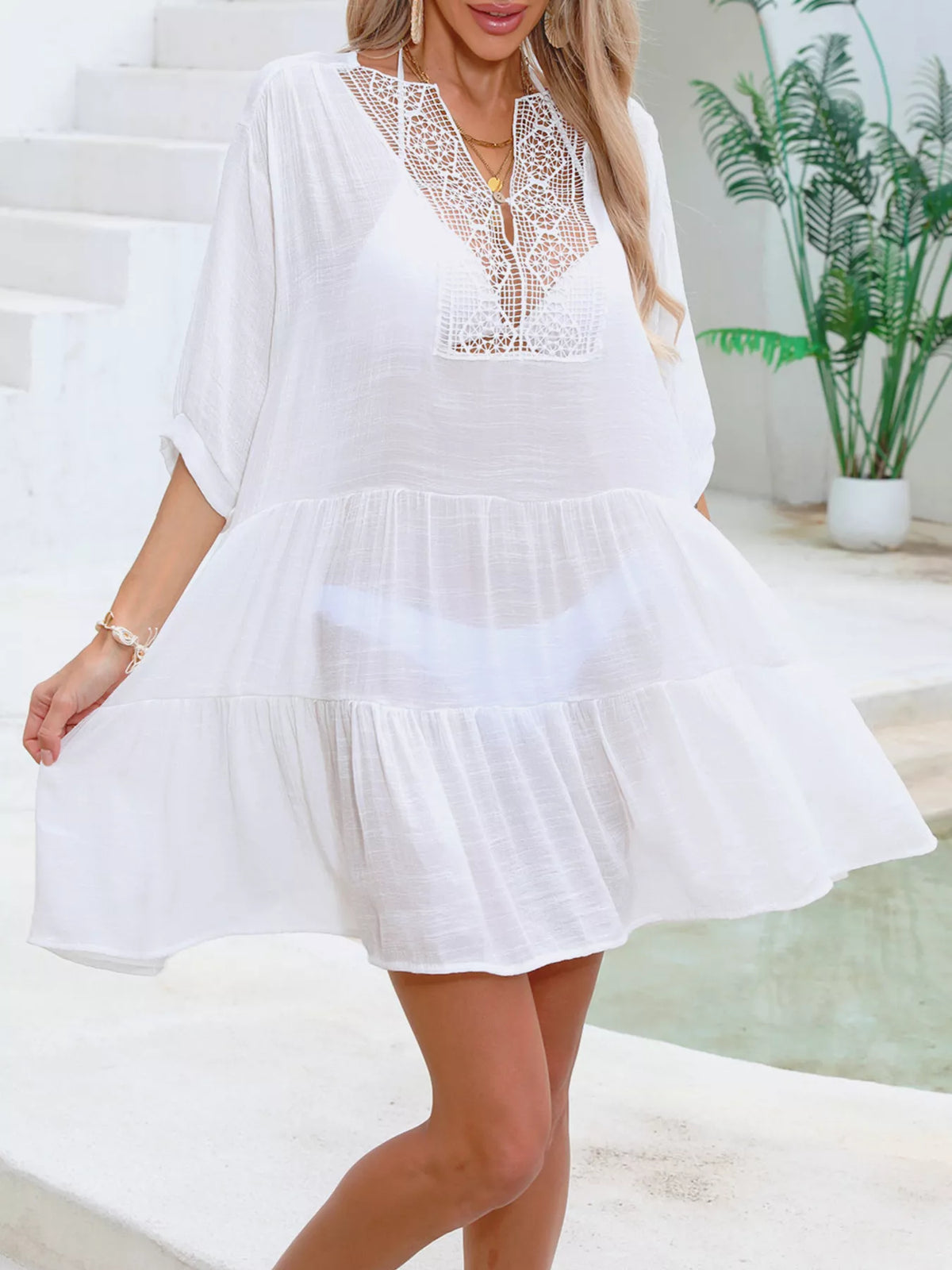 Hazel Blues® | Lace Trimmed Tiered Cover-Up Dress