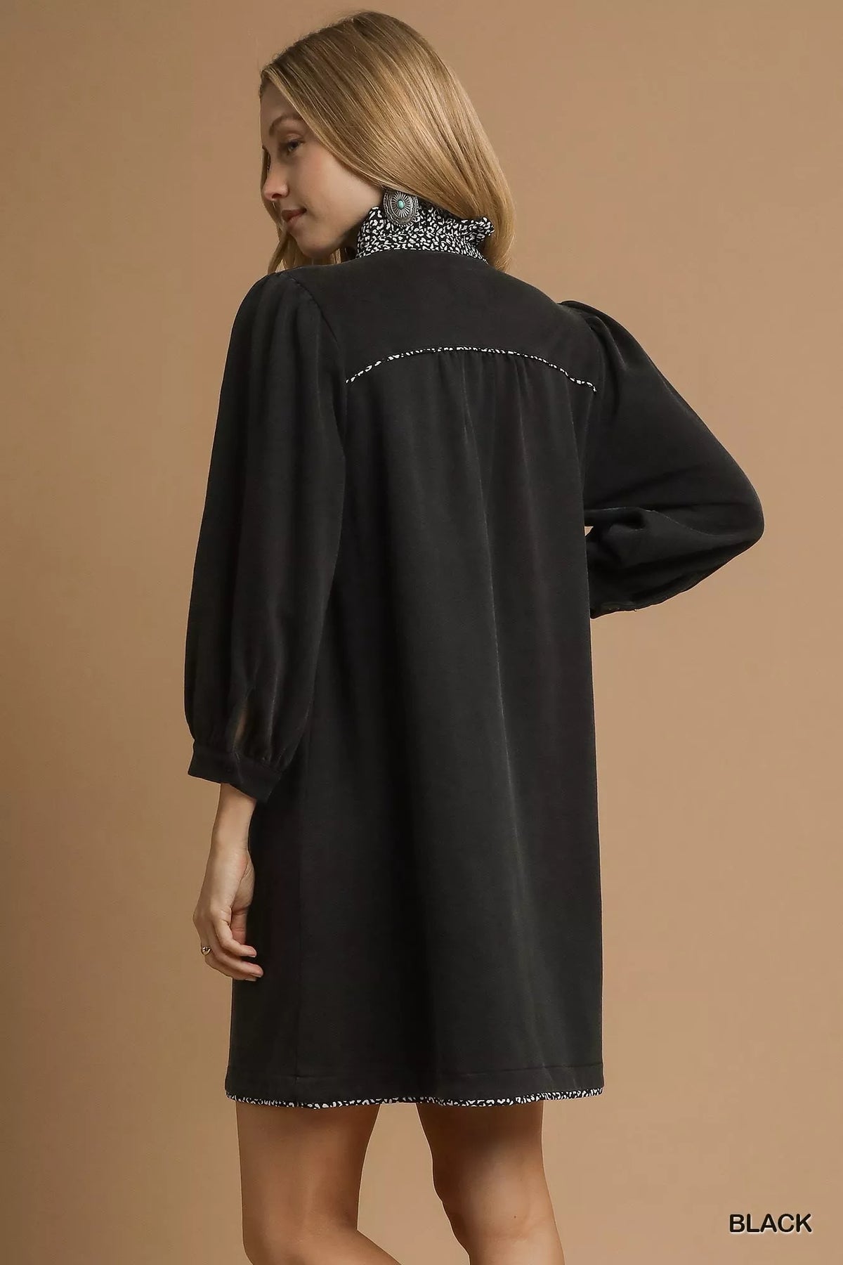 Hazel Blues® |  Umgee French Terry Balloon Sleeve Shift Dress with Leopard Print Detail
