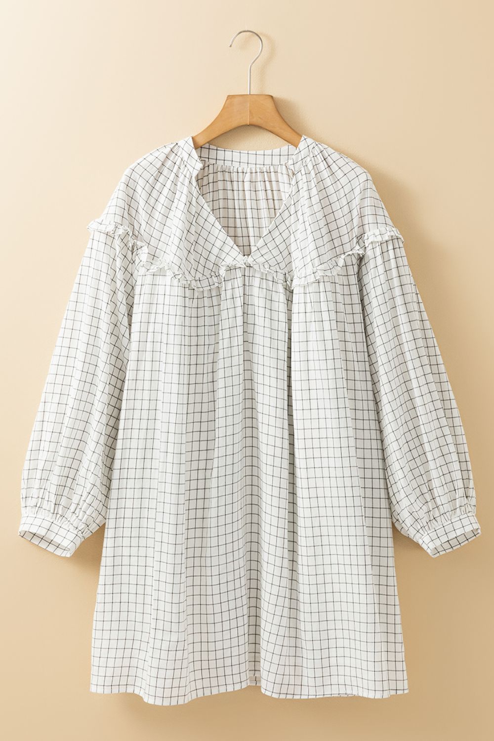 Hazel Blues® |  Frill Plaid Notched Balloon Sleeve Mini Dress