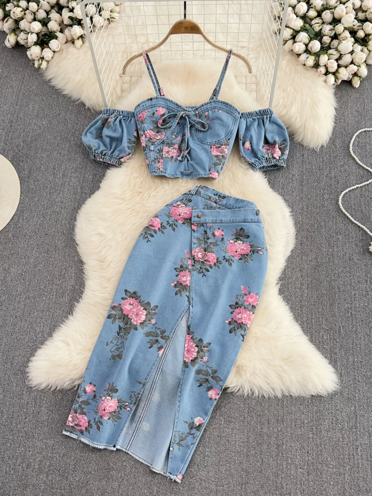 Hazel Blues® |  Floral Print Sweetheart Neck Cami and Skirt Denim Set