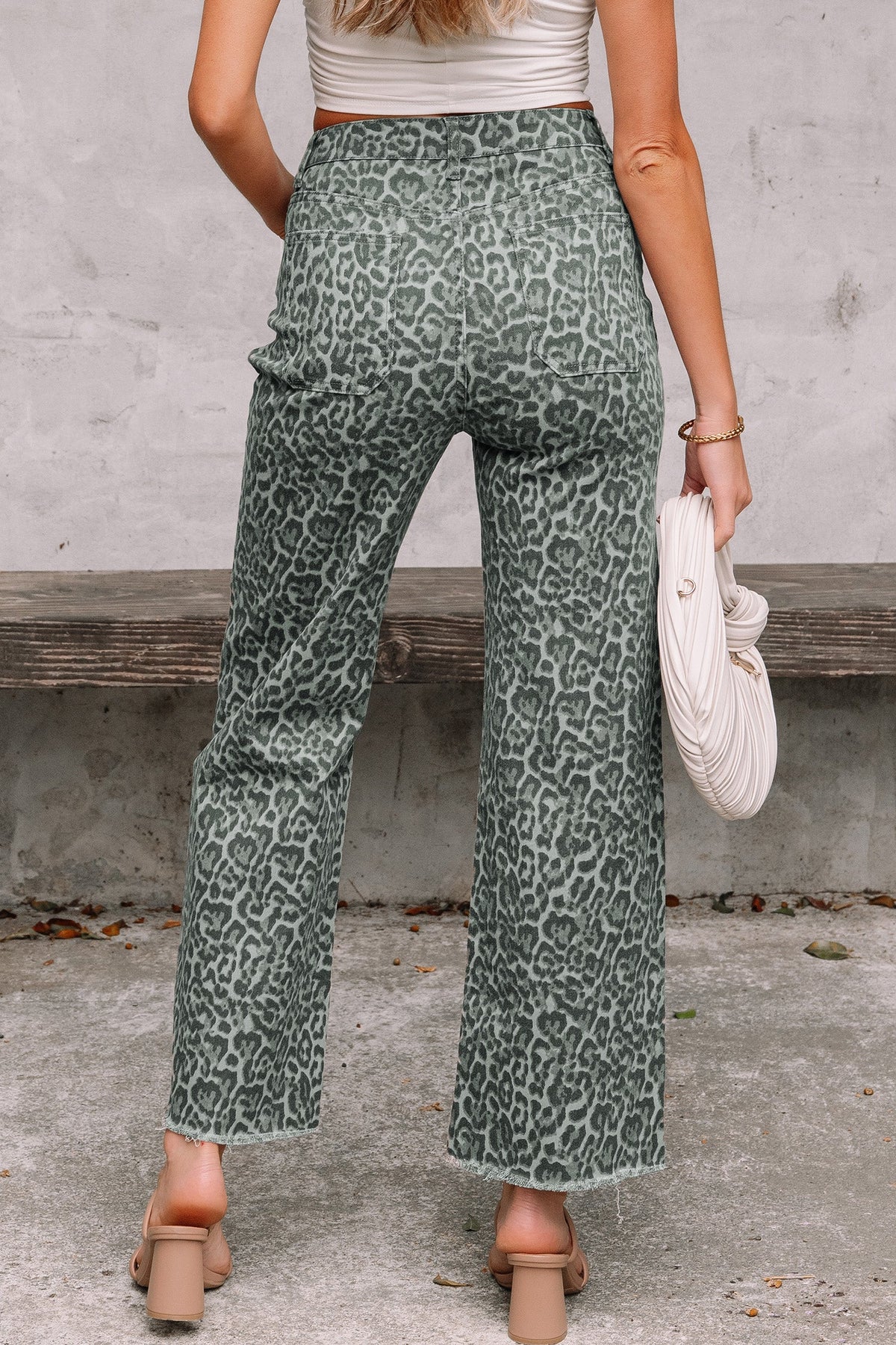 Hazel Blues® |  Gray Leopard Frayed Edge Wide Leg High Waist Jeans