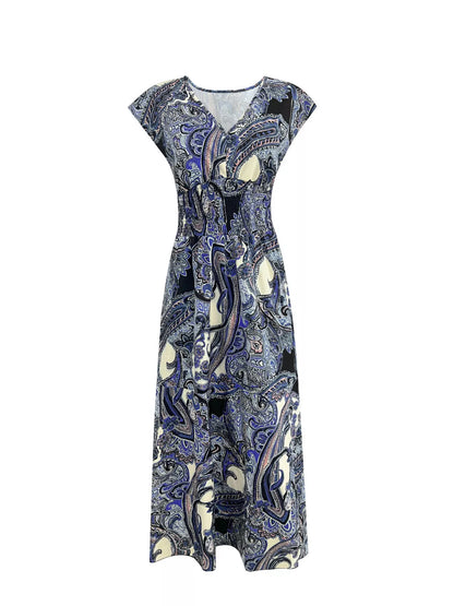 Hazel Blues® |  Printed V-Neck Cap Sleeve Maxi Dress