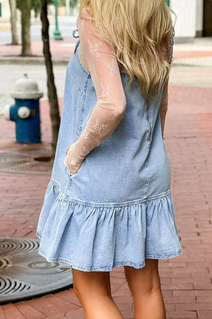 Hazel Blues® |  Bow Detail Spaghetti Straps Ruffle Hem Denim Dress