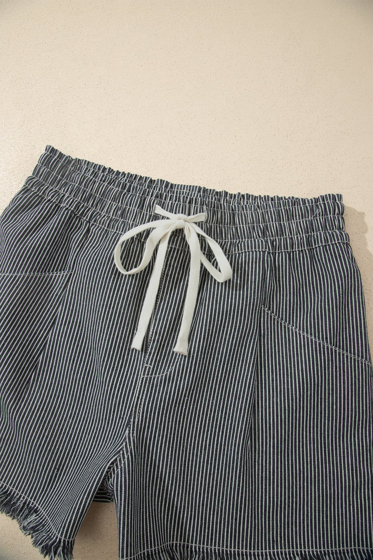 Hazel Blues® |  Black Stripe Raw Edge Drawstring Elastic Waist Casual Denim Shorts