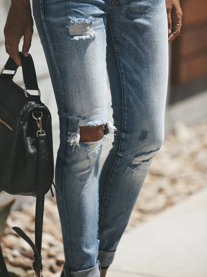 Hazel Blues® |  Distressed Button-Fly Skinny Jeans