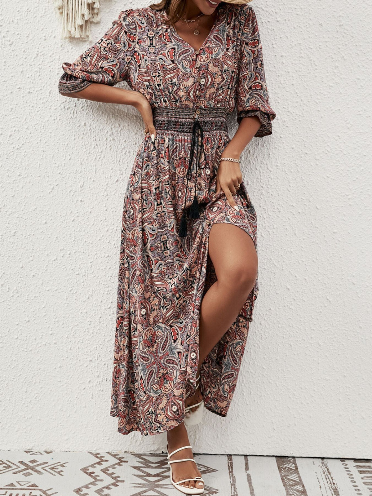 Hazel Blues® |  Paisley Print Half Sleeve Slit Midi Dress