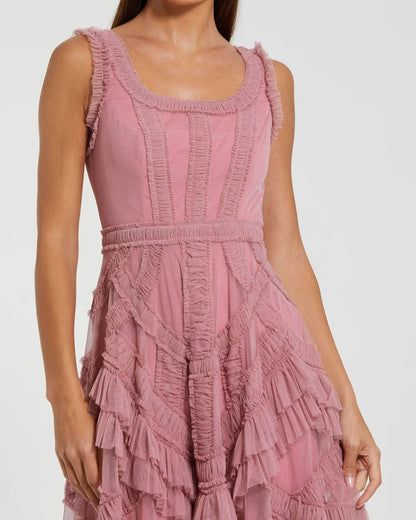 Pink Scoop Neck Sleeveless Micro Ruffle Midi Dress