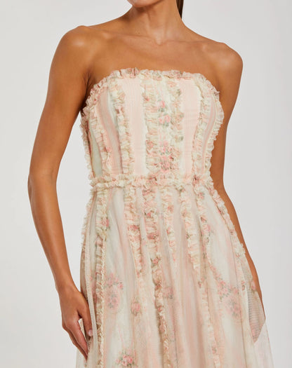 Pink and White Strapless Floral Ruffle Dress