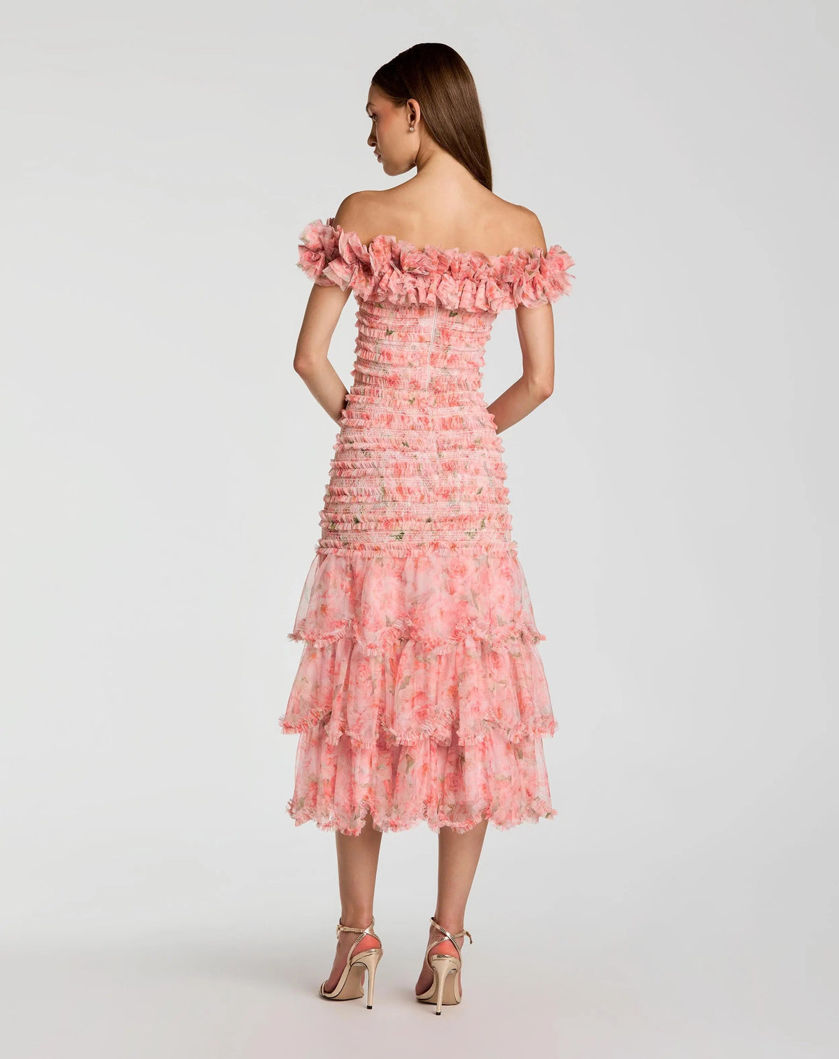 Pink Floral Off The Shoulder Ruffle Midi Dress