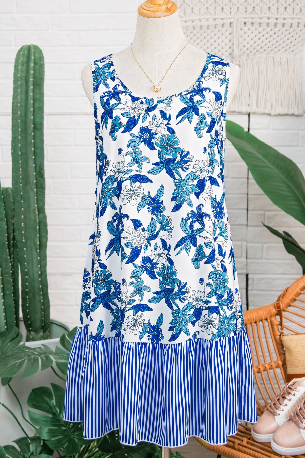 Hazel Blues® |  Sky Blue Floral Print U Neck Sleeveless Striped Ruffle Hem Patchwork Dress