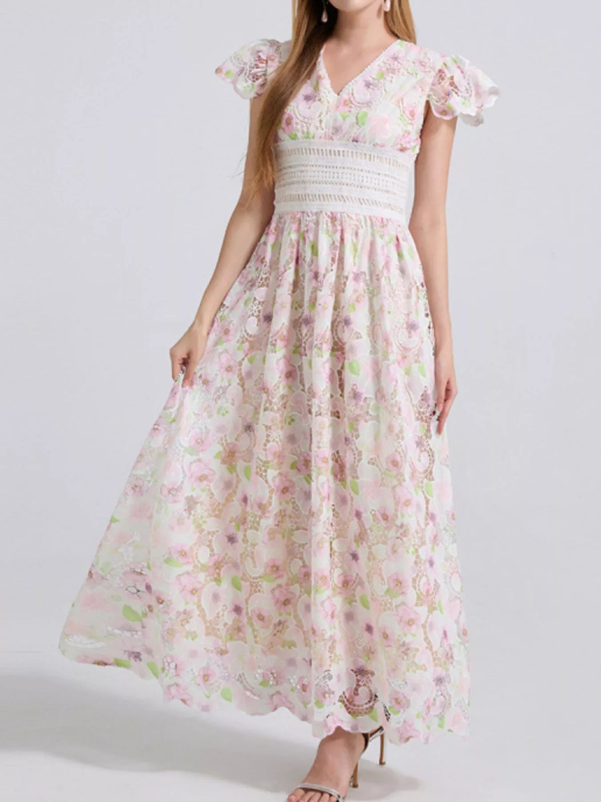 Hazel Blues® |  Printed V-Neck Ruffle Sleeve Midi Dress