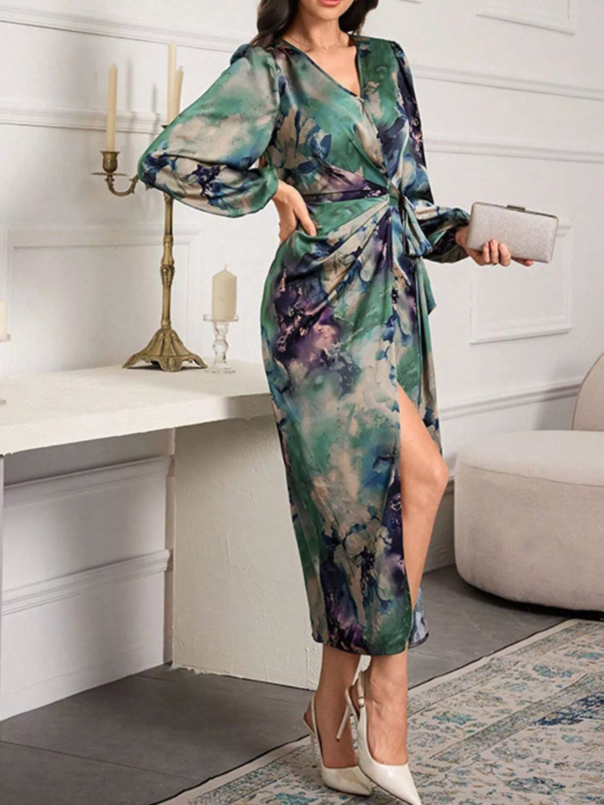 Hazel Blues® |  Printed Tie Waist Balloon Sleeve Dress