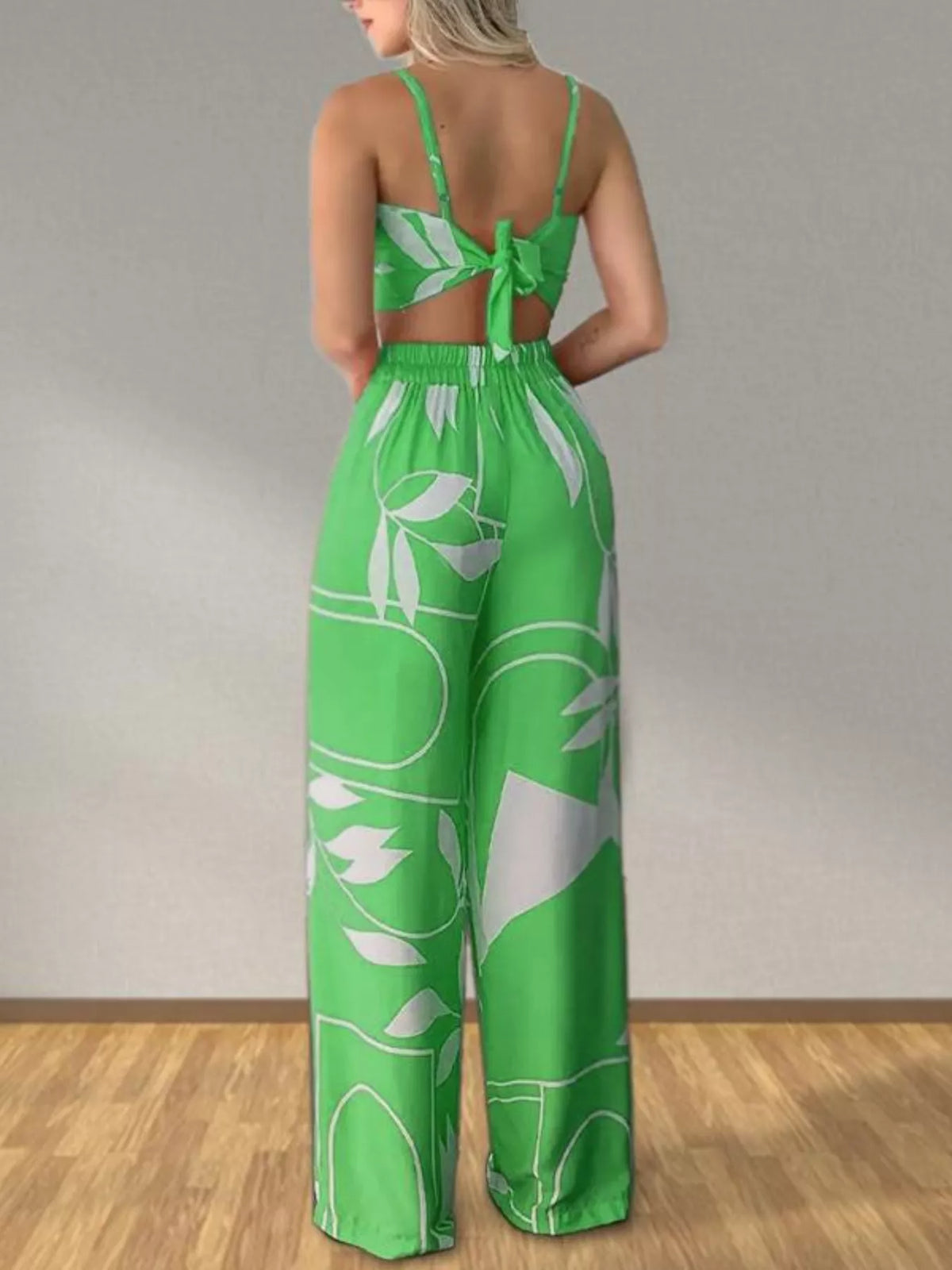 Hazel Blues® |  Tropical Print Spaghetti Strap Crop Top and Wide Leg Pants Set