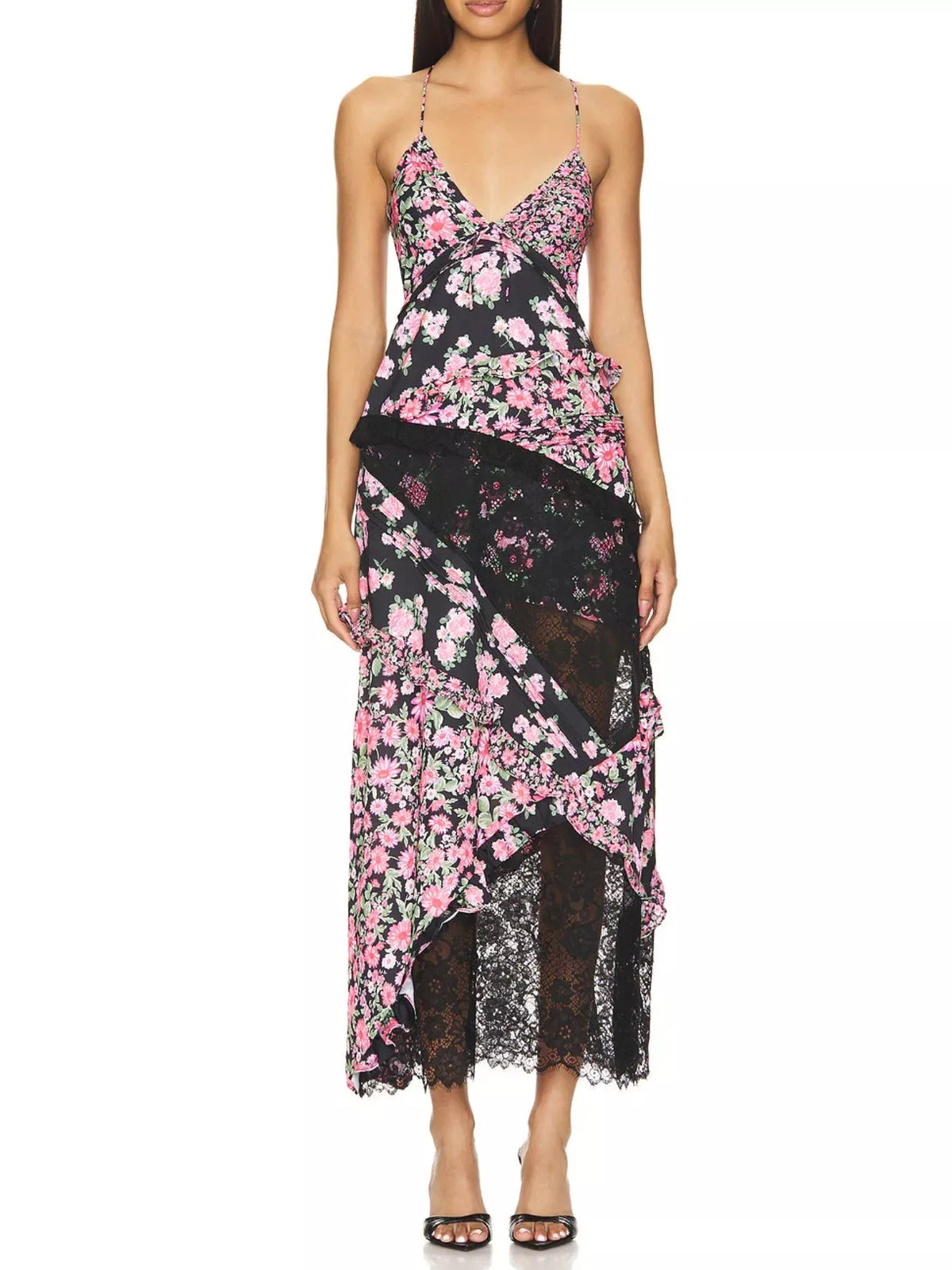 Hazel Blues® |  Lace Floral Print Ruffle Trim Maxi Dress