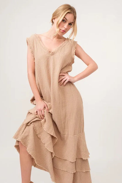 Hazel Blues® |  And The Why Washed Cotton Gauze Fringe Detail Tiered Dress