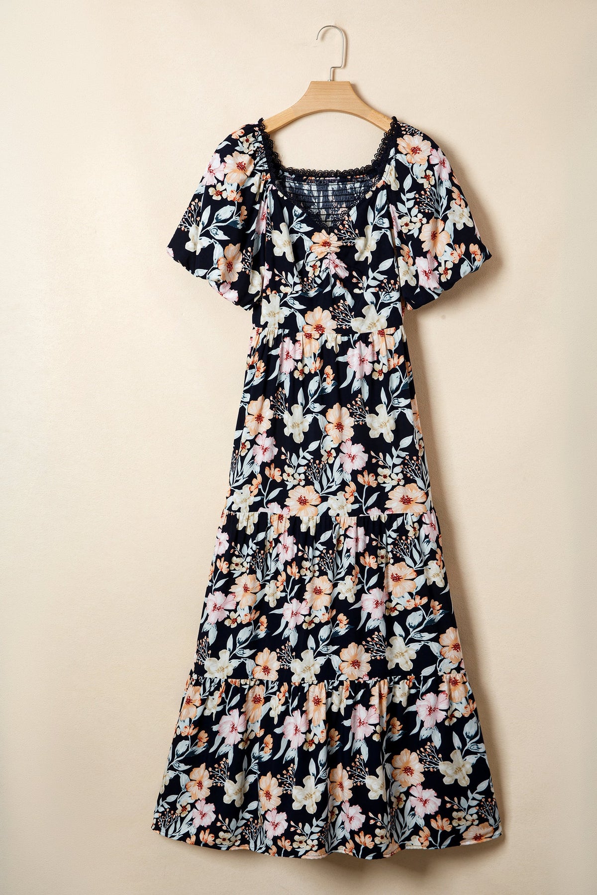 Hazel Blues® |  Blue Short Sleeve Smocked Detail High Waist Floral Maxi Dress