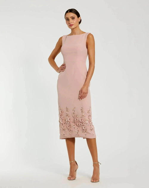 Petite Pink Crepe Sleeveless Midi Dress With Flower Beading