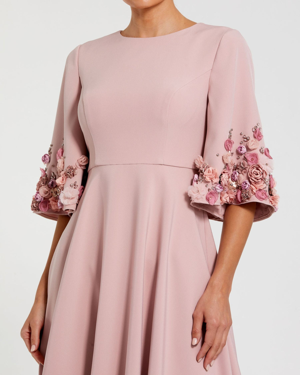 Petite Pink Crepe 3/4 Sleeve A-line Gown With Flower Trim