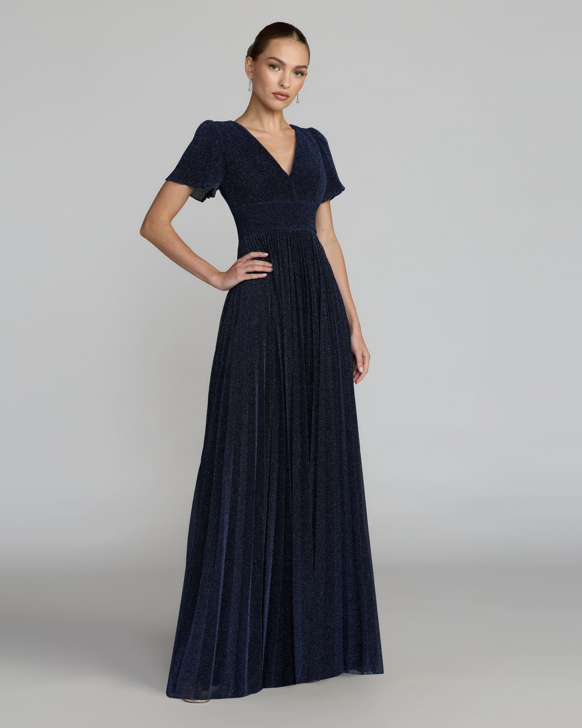 Pleated Metallic Flutter Sleeve A Line Gown