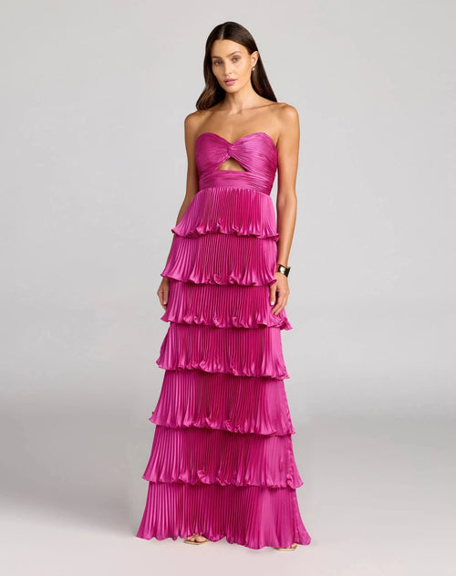Petite Pink Pleated Charmeuse Strapless Tiered Ruffle Gown