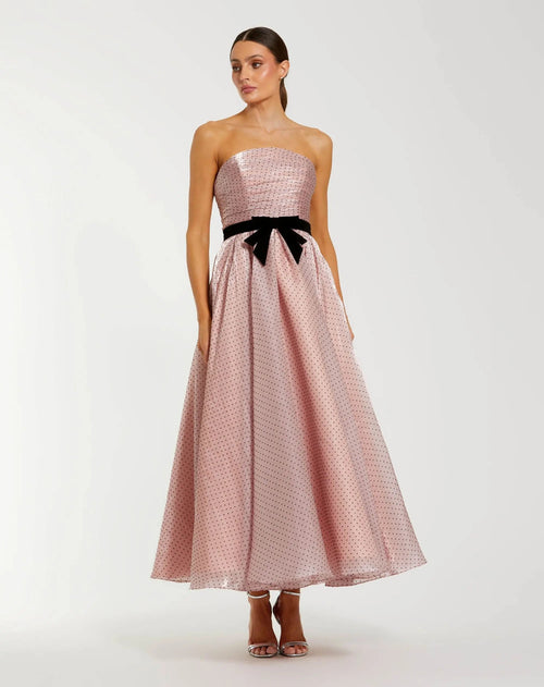 Petite Pink Polka Dot Organza Strapless Dress With Bow