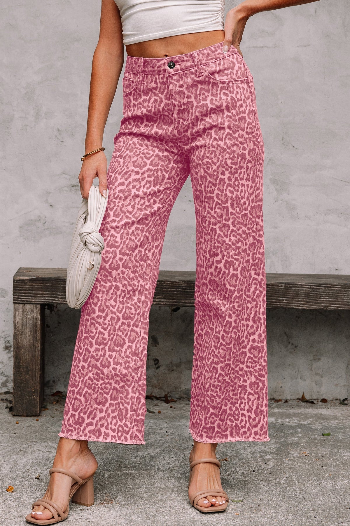 Hazel Blues® |  Gray Leopard Frayed Edge Wide Leg High Waist Jeans