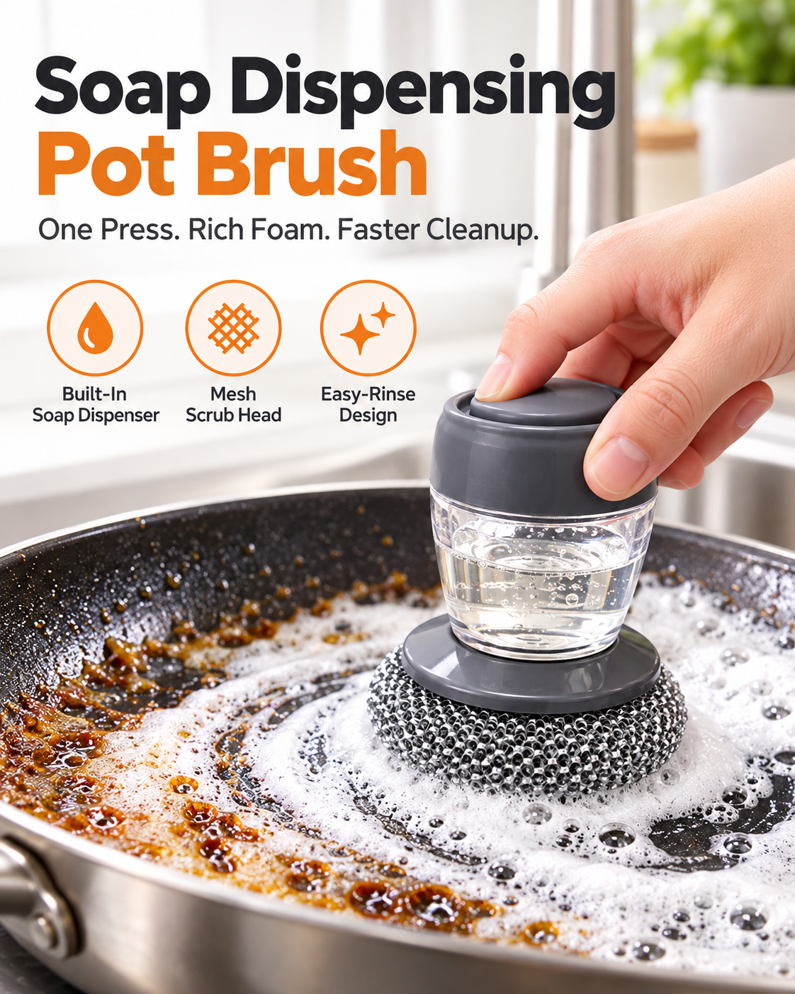 Soap Dispensing Pot Brush | Press-Type Kitchen Dish Scrubber, Metal Mesh Scrub Head for Pots Pans Sink Cleaning