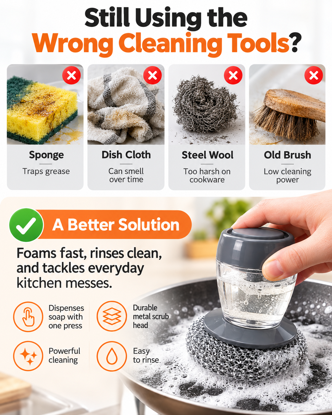 Soap Dispensing Pot Brush | Press-Type Kitchen Dish Scrubber, Metal Mesh Scrub Head for Pots Pans Sink Cleaning