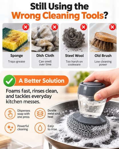Soap Dispensing Pot Brush | Press-Type Kitchen Dish Scrubber, Metal Mesh Scrub Head for Pots Pans Sink Cleaning