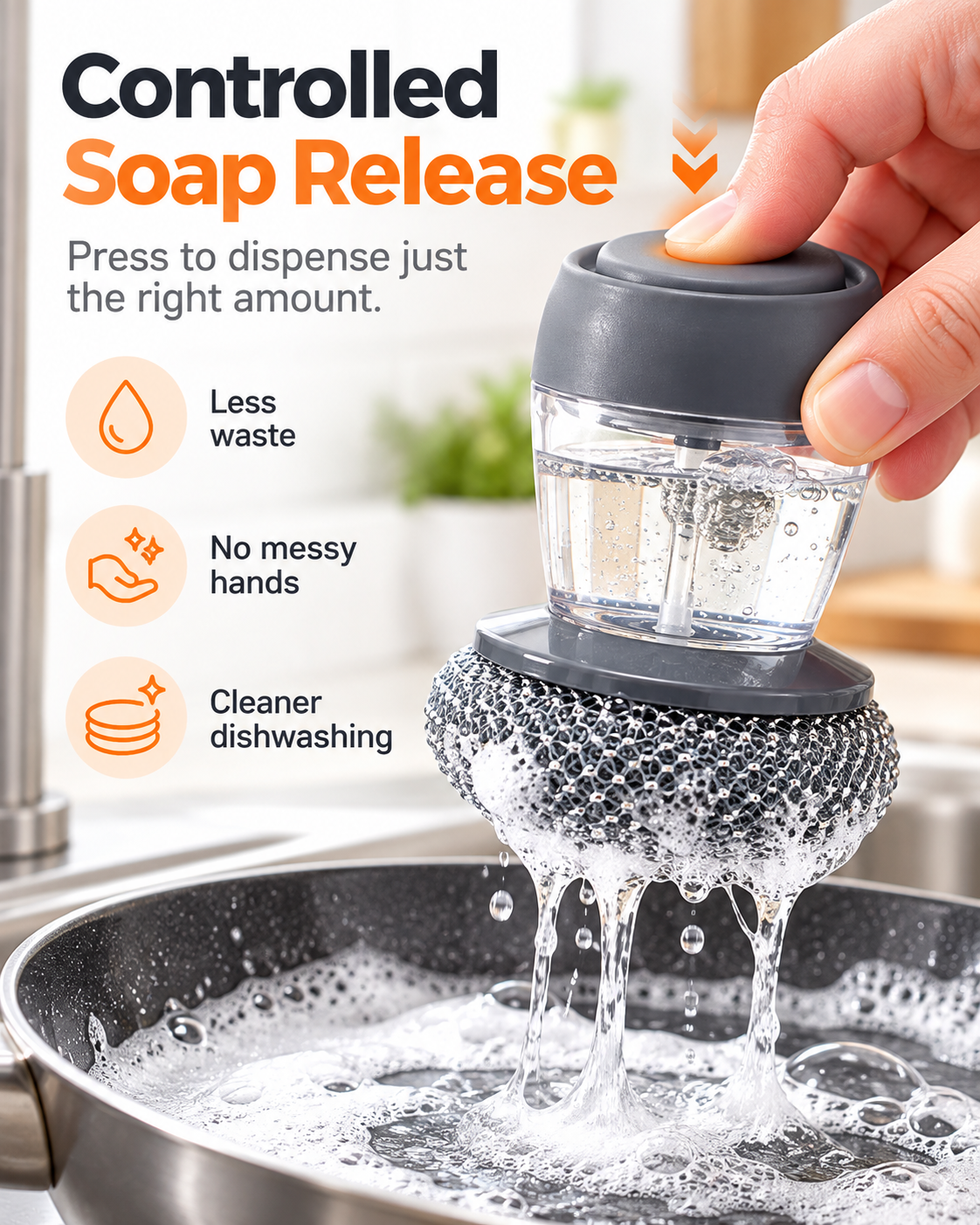 Soap Dispensing Pot Brush | Press-Type Kitchen Dish Scrubber, Metal Mesh Scrub Head for Pots Pans Sink Cleaning