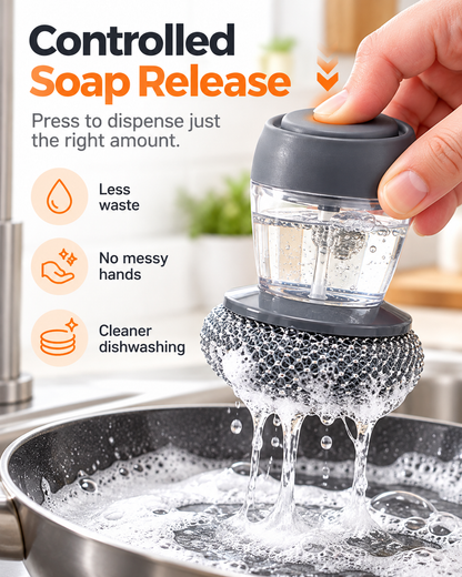 Soap Dispensing Pot Brush | Press-Type Kitchen Dish Scrubber, Metal Mesh Scrub Head for Pots Pans Sink Cleaning
