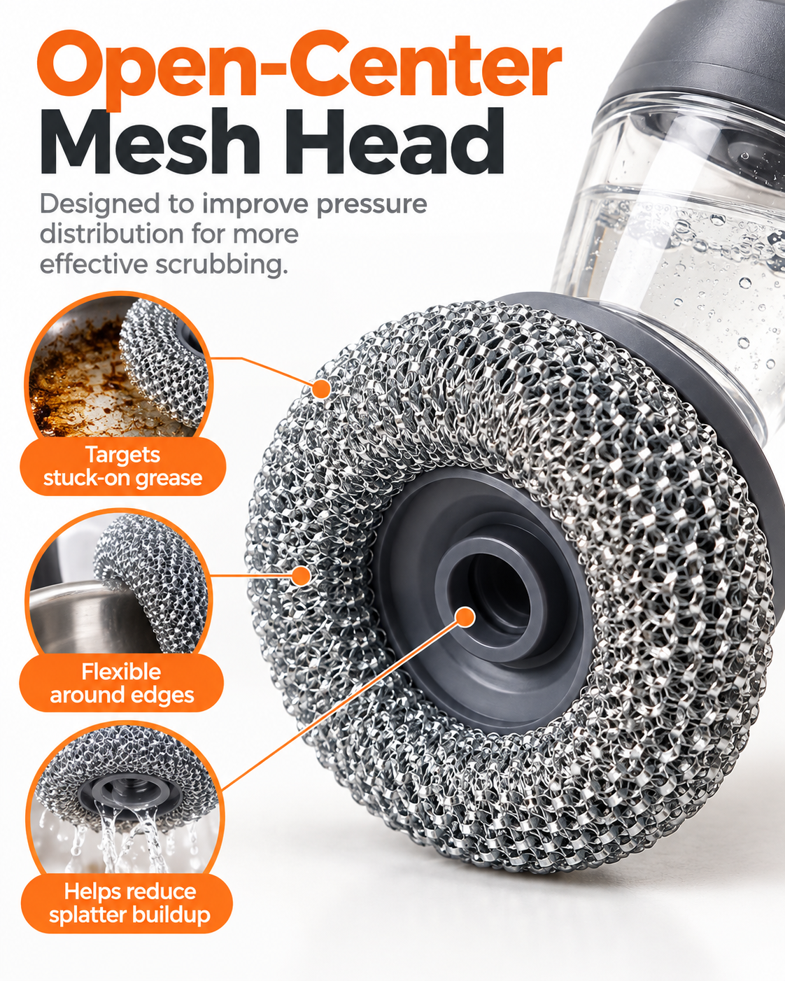 Soap Dispensing Pot Brush | Press-Type Kitchen Dish Scrubber, Metal Mesh Scrub Head for Pots Pans Sink Cleaning