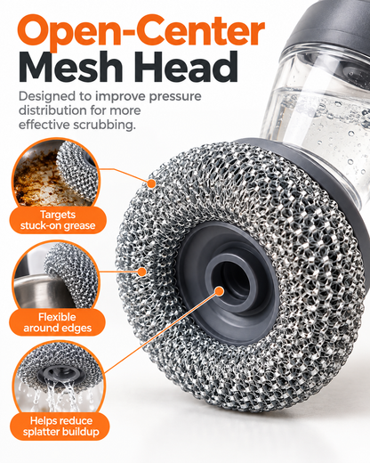 Soap Dispensing Pot Brush | Press-Type Kitchen Dish Scrubber, Metal Mesh Scrub Head for Pots Pans Sink Cleaning