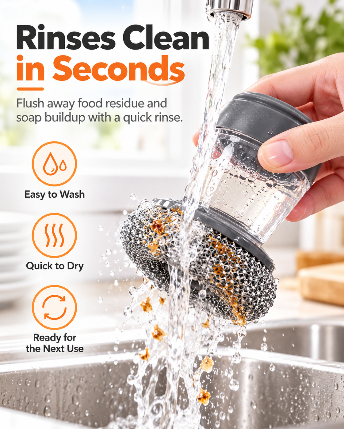Soap Dispensing Pot Brush | Press-Type Kitchen Dish Scrubber, Metal Mesh Scrub Head for Pots Pans Sink Cleaning