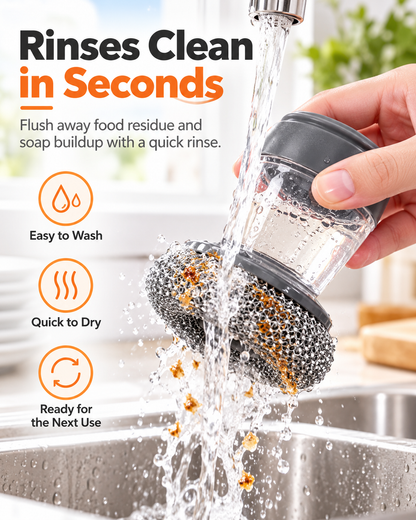 Soap Dispensing Pot Brush | Press-Type Kitchen Dish Scrubber, Metal Mesh Scrub Head for Pots Pans Sink Cleaning