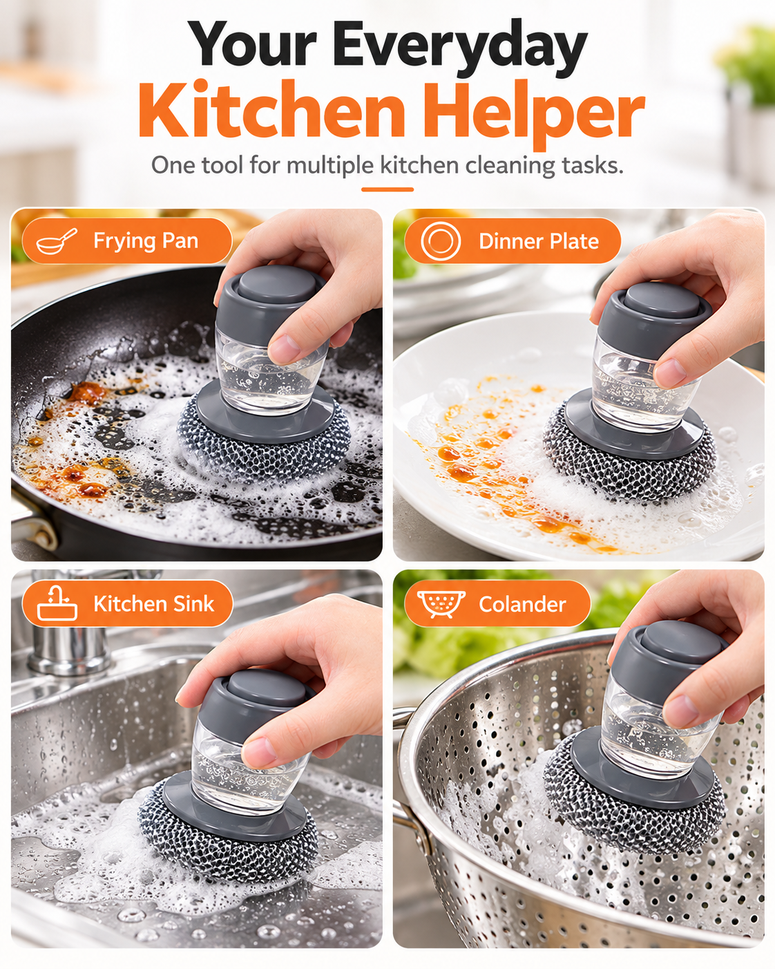 Soap Dispensing Pot Brush | Press-Type Kitchen Dish Scrubber, Metal Mesh Scrub Head for Pots Pans Sink Cleaning