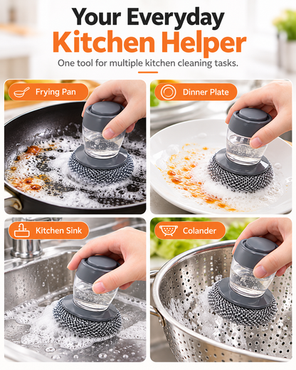 Soap Dispensing Pot Brush | Press-Type Kitchen Dish Scrubber, Metal Mesh Scrub Head for Pots Pans Sink Cleaning