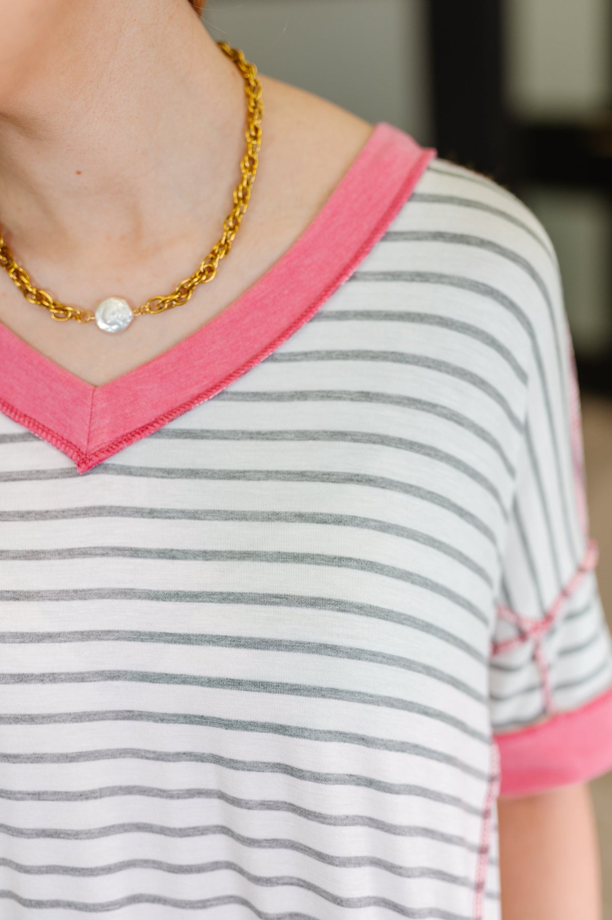Hazel Blues® |  Dressed to Chill V-Neck Top in Heather/Grey/Ivory/Pink