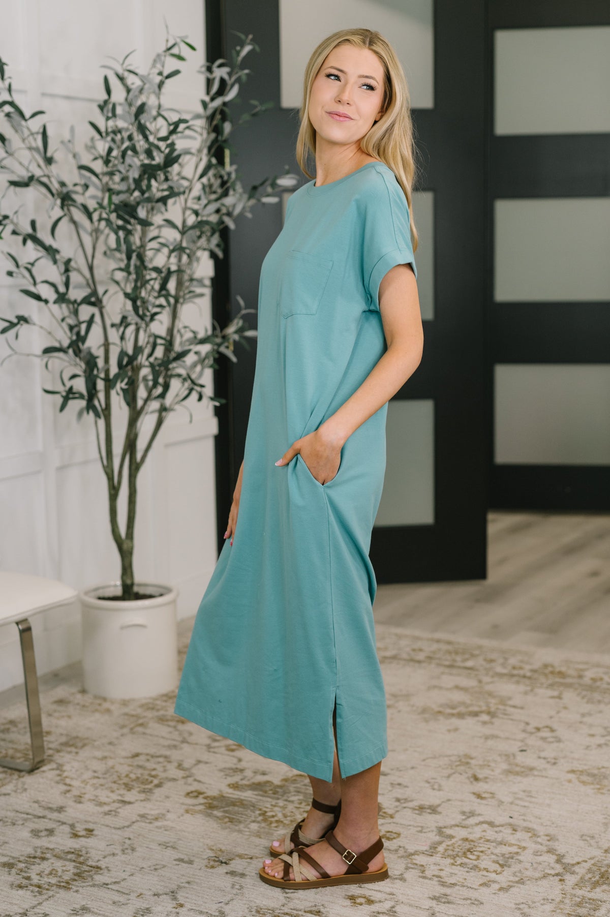 Hazel Blues® |  Fix You Right Up Short Sleeve Midi Dress in Dusty Teal