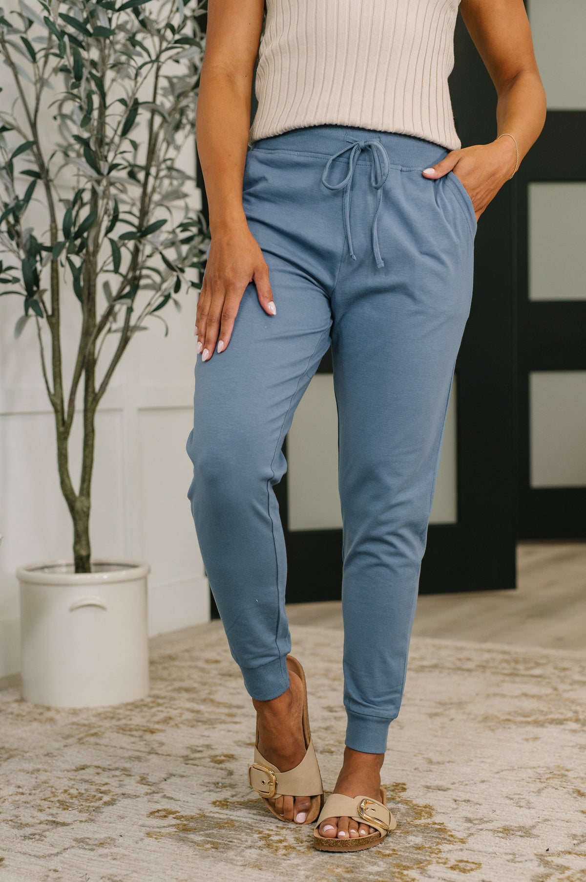 Hazel Blues® |  Sweat It High Waisted Joggers in Dusty Blue