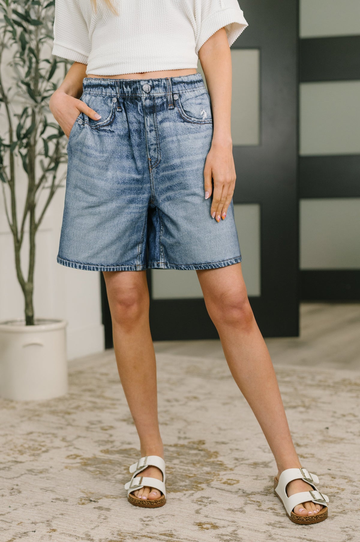 Hazel Blues® |  Zenim Printed High Waisted Shorts in Classic Denim