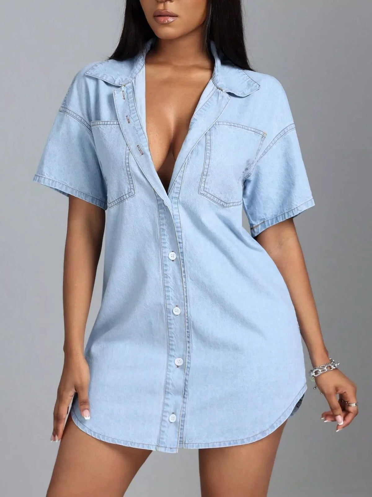 Hazel Blues® |  Button-Down Short Sleeve Denim Dress