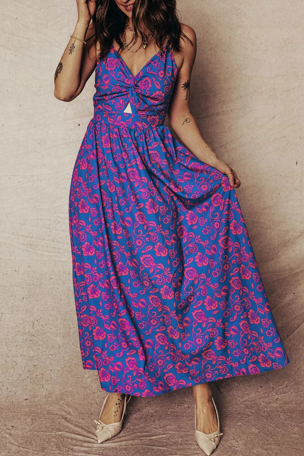 Hazel Blues® |  Floral Print Twisted V Neck Tied Backless Maxi Dress