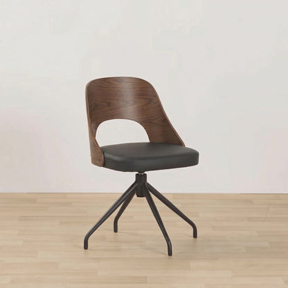 Adoni Swivel Dining Chair - Walnut/Black with curved walnut-look back, black seat and four-leg swivel base