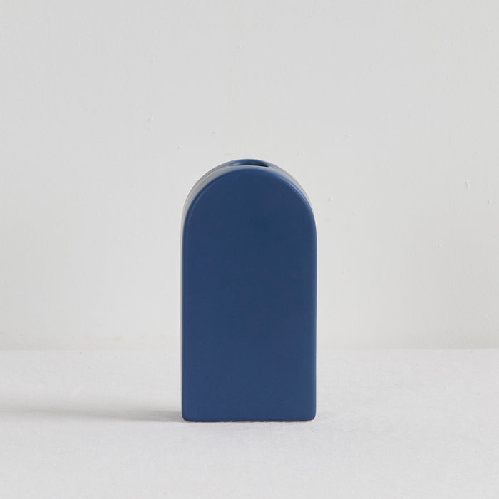 Arch Vase - Blue, sculptural blue ceramic vase with a curved arch silhouette and narrow top opening