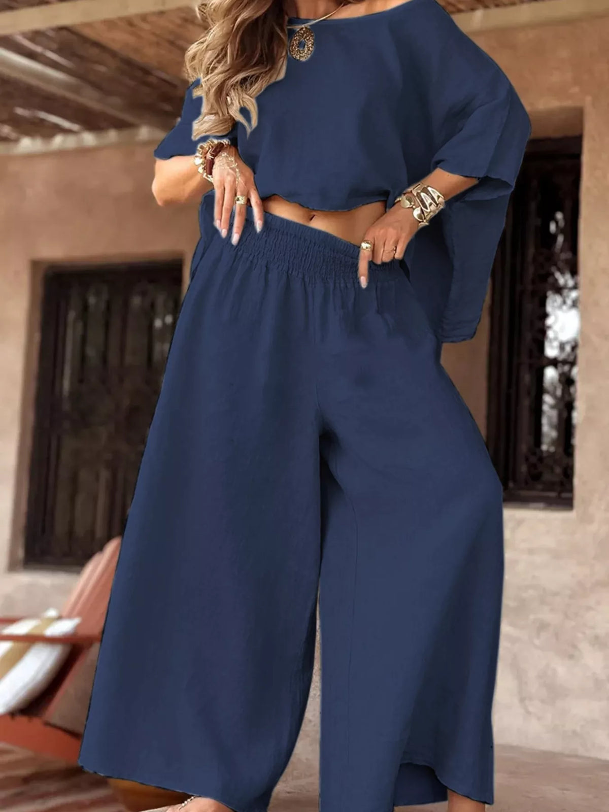 Hazel Blues® | Boat Neck Top and Wide Leg Pants Set
