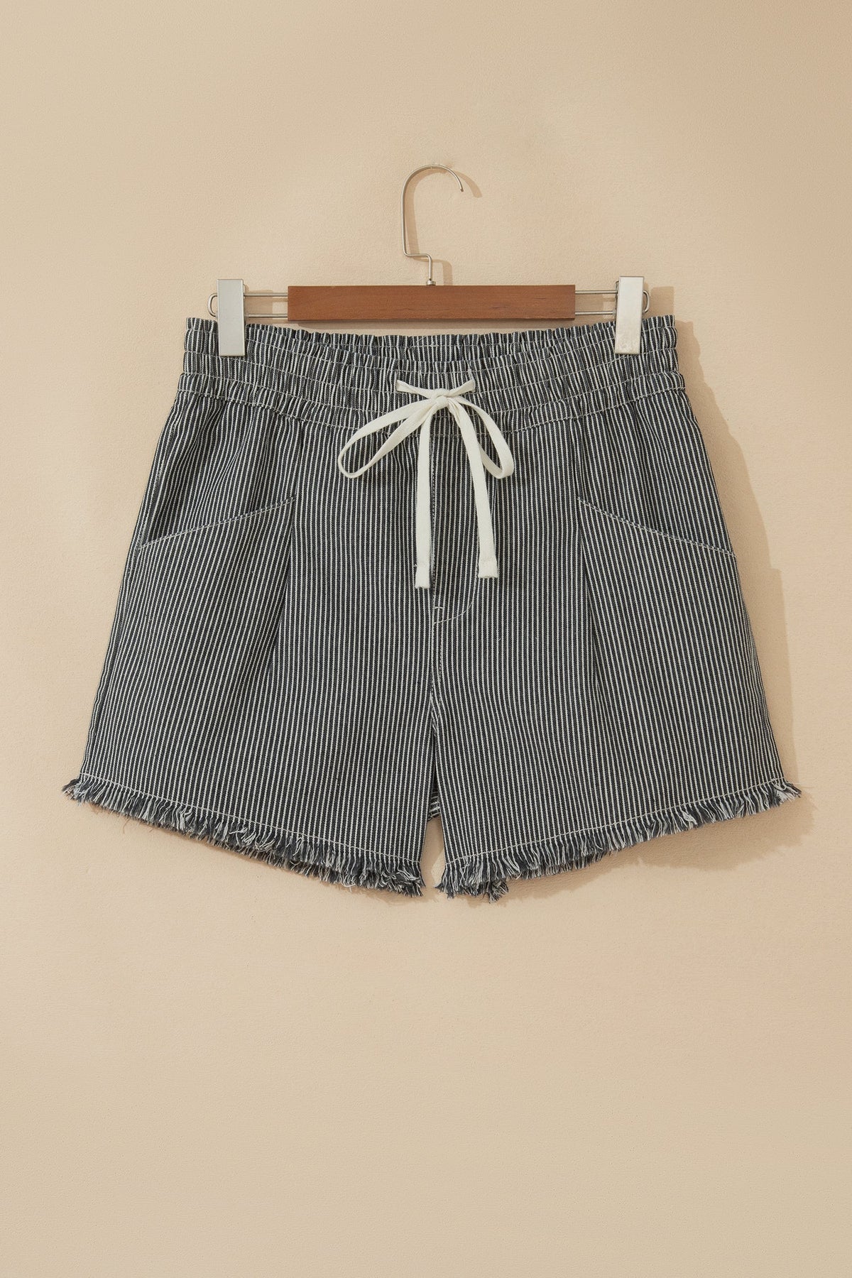 Hazel Blues® |  Black Stripe Raw Edge Drawstring Elastic Waist Casual Denim Shorts