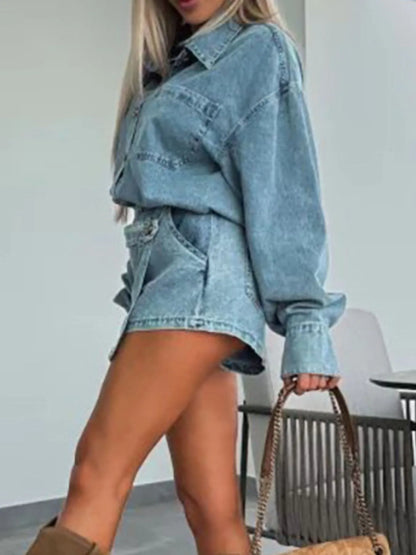 Hazel Blues® |  Button-Front Shirt and Mini Skirt Oversized Denim Set