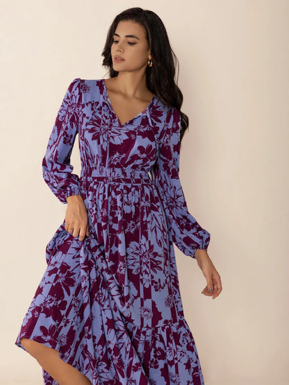 Hazel Blues® |  Printed Tie Neck Balloon Sleeve Maxi Dress