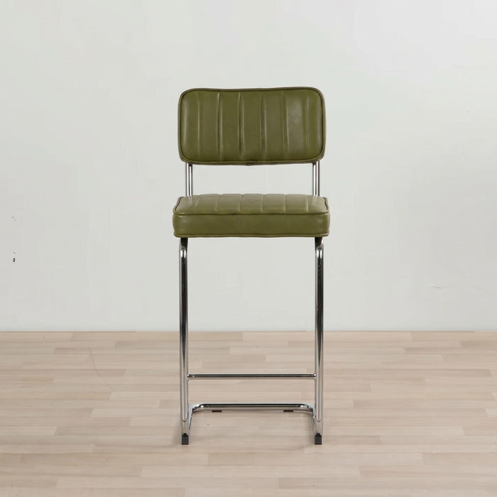 Barnaby Counter Stool - Moss Green, retro moss green PU counter stool with vertical stitched backrest and chrome sled base.